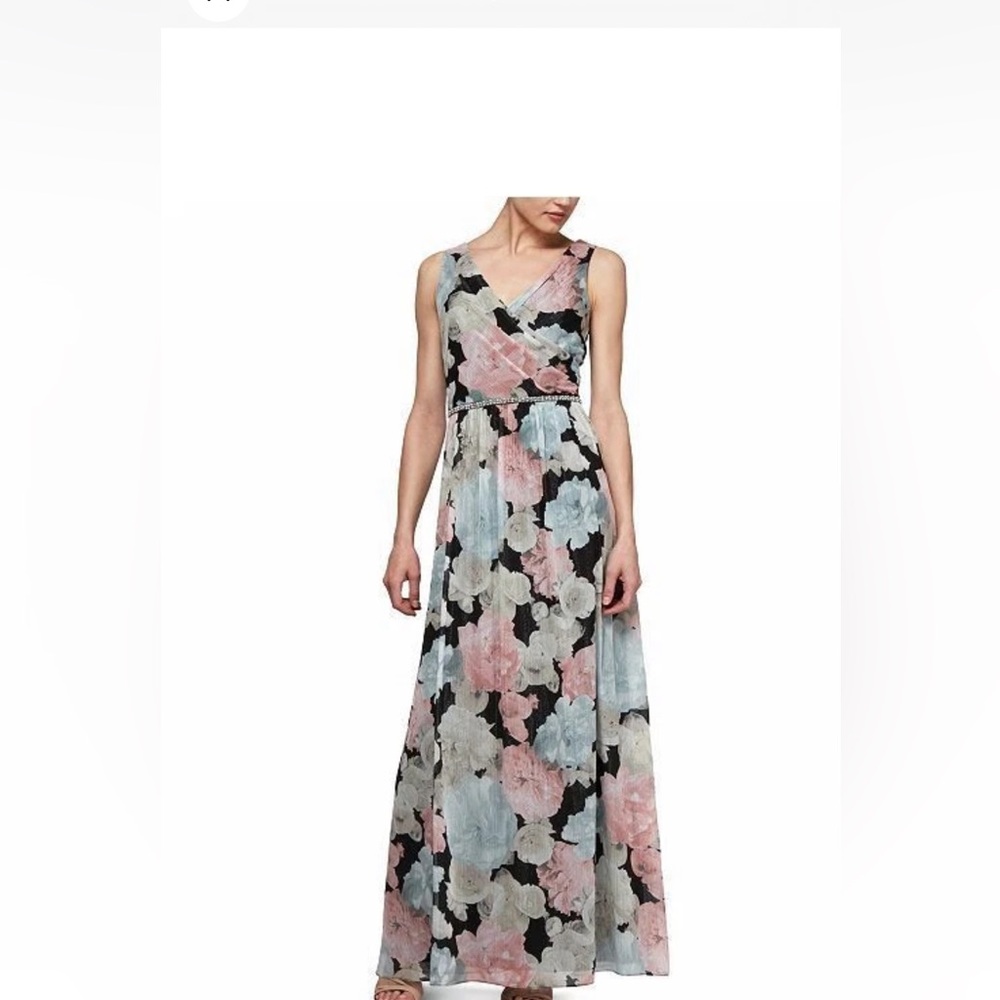 Floral Beaded-Waist Chiffon Metallic Sleeveless Dress Wedding Guest Size 14W